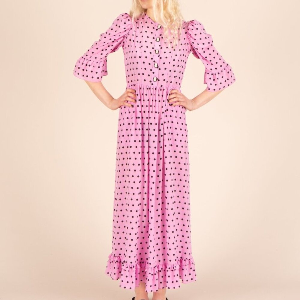Batsheva Pink Polka Dot Long Prairie Dress, Button Up, size 2.